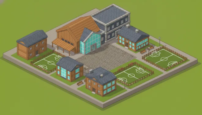 Youth Academy facility — isometric pixel-art development complex for young players