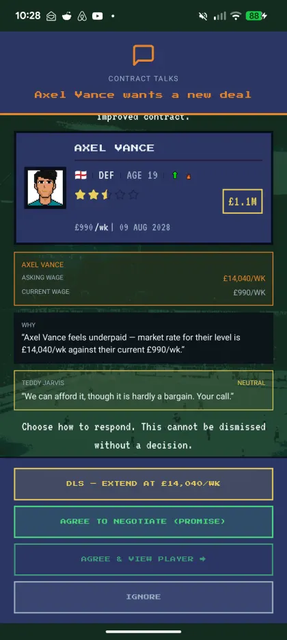 A player requesting a new deal at fourteen times his current wage