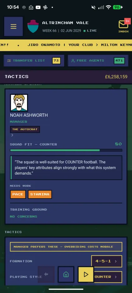 Manager archetype THE AUTOCRAT with a squad fit rating and flagged weaknesses