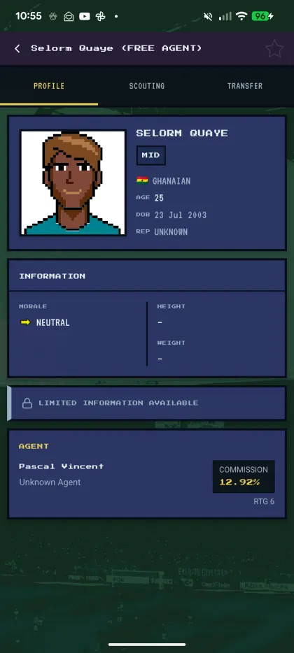 Free agent profile with limited scouting information and his agent commission